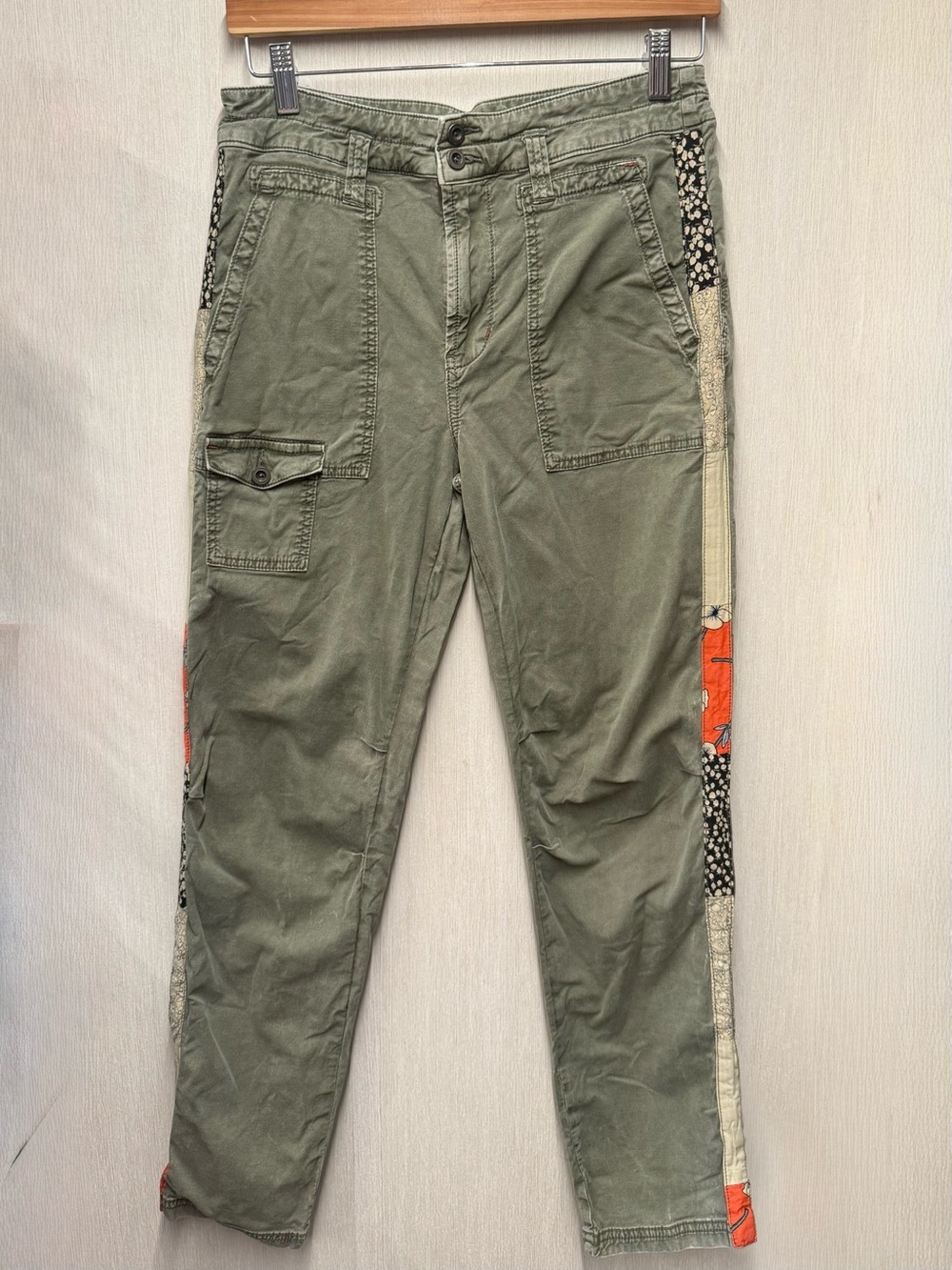 Anthropologie The Wanderer Olive Patchwork Side Stripe Cargo Pants, Size 28 - Picture 2 of 11